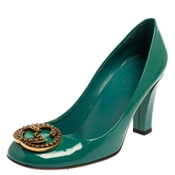 Gucci Teal Green Patent Leather GG Interlocking Pumps Size 38 - Picture 3 of 7